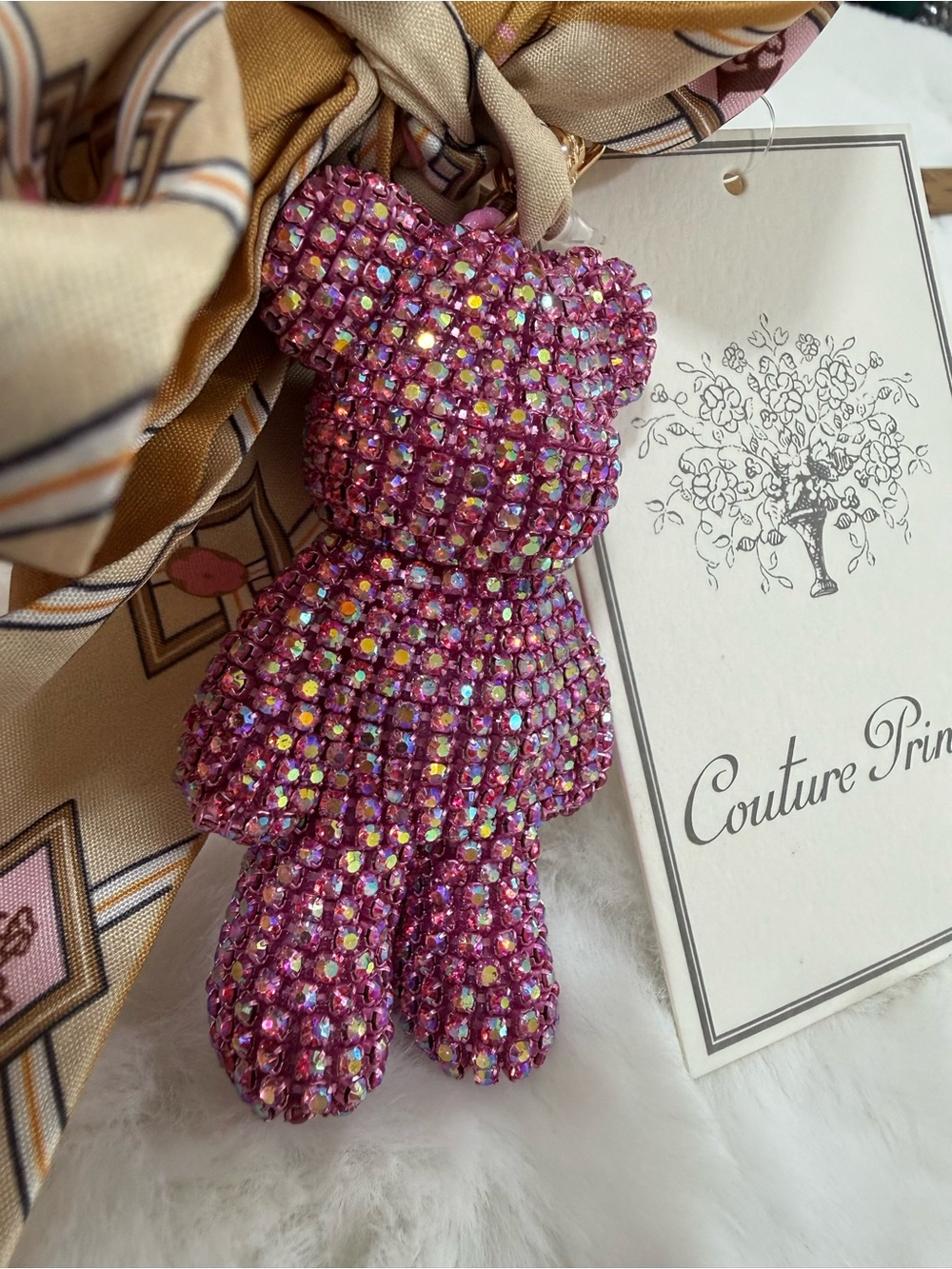 Pink Crystal Teddy Keychain with Gold Hardware Patterned Scarf bag charm clip - Picture 3 of 3